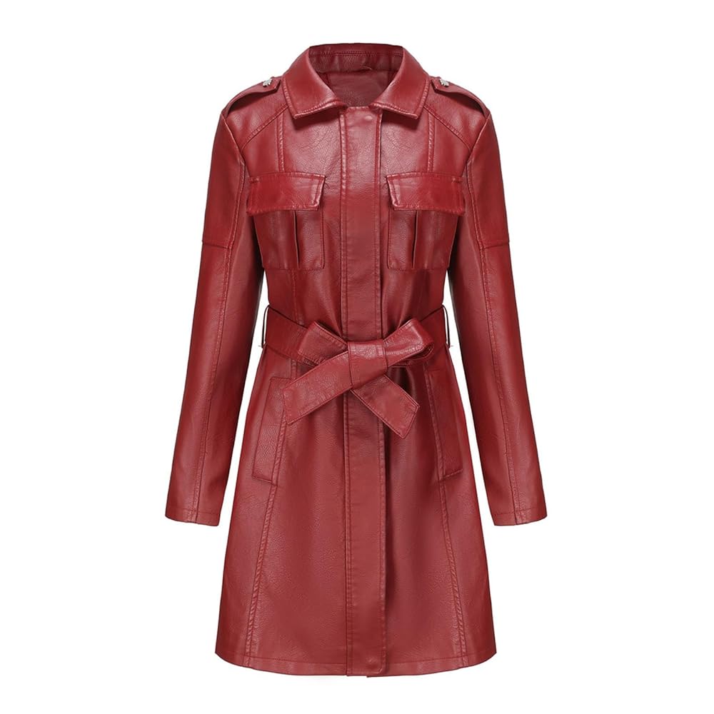 Women's Mid Length Faux Leather Trench Coat With Belt Slim